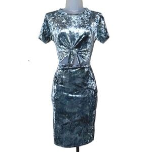 Blue Velvet Short Sleeve Mini Bodycon Dress Front Tie Cutout Stretchy Size Small